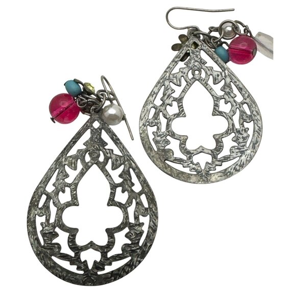 Boho Chic Filigree Dangle Earrings Open Work Lightweight Metal Colorful Beads - Picture 4 of 4